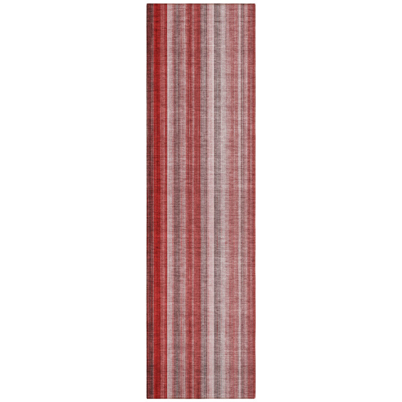 8' Runner Gray Pink and Red Striped Washable Non Skid Indoor Outdoor Runner Rug