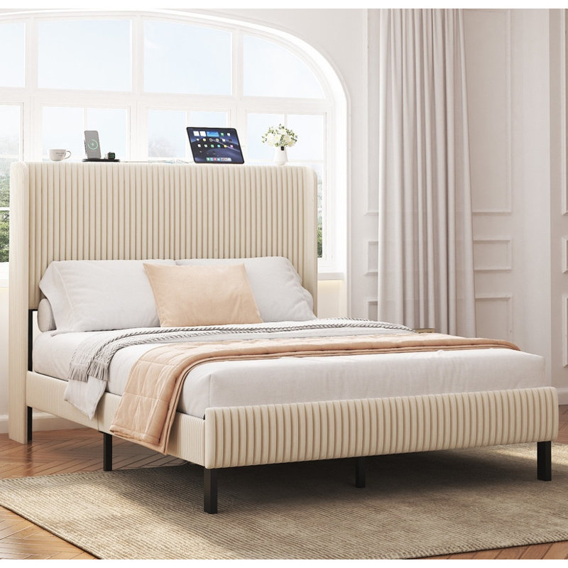 Full Size Beige Metal Platform Bed - Modern Design with Integrated Charging Station | Noise-Free Structure, No Box Spring Required, Sturdy & Stylish