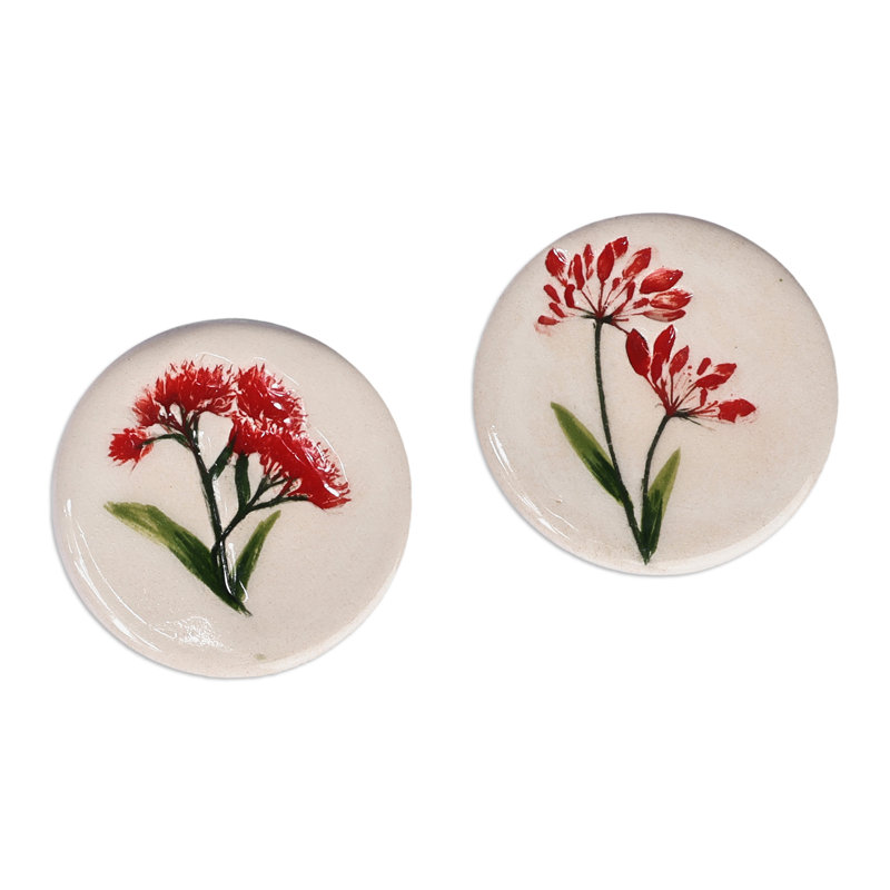 Novica Handmade Red Blooms Ceramic Magnets (Pair)