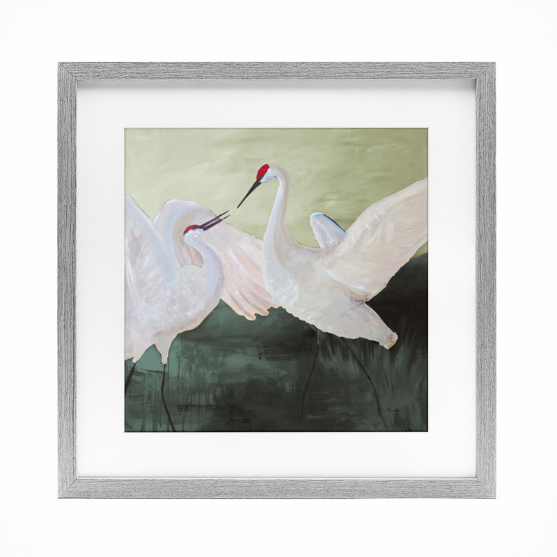 White Sandhill Cranes, reproduction sous verre encadrée, design par Robin Maria, H 13 po x l 13 po, Cadre de ferme gris
