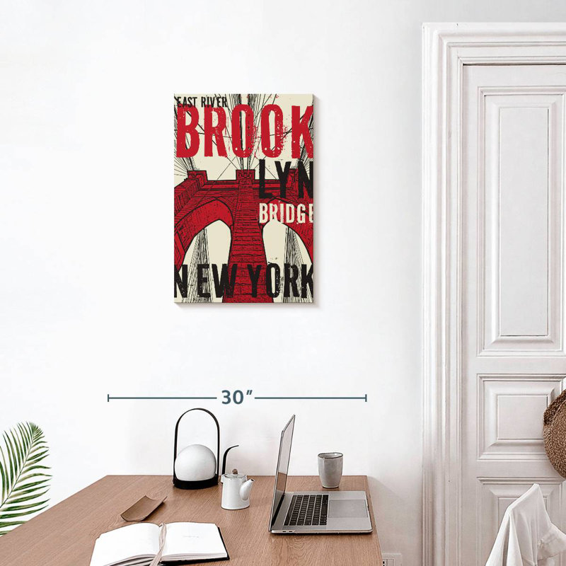 Aime Red Grunge Brooklyn Bridge, 24" H x 16" W