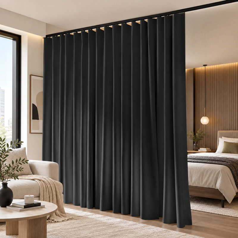 Ensemble de rideaux occultants 100 % du sol au plafond avec rails de plafond flexibles pour patios et portes coulissantes ; comprend un rideau noir et un rail noir de dimensions L 10 × H 8 pi.