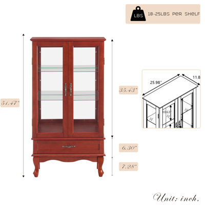  52" Lighted Curio Cabinet with Drawer, Vintage Glass Curio Showcase with 3-Tier Adjustable Shelves & Mirrored Back Panel, Light Blub Included, Wooden China Cabinet with Tempered Glass Doors for Living Room, Bedroom, Dining Room