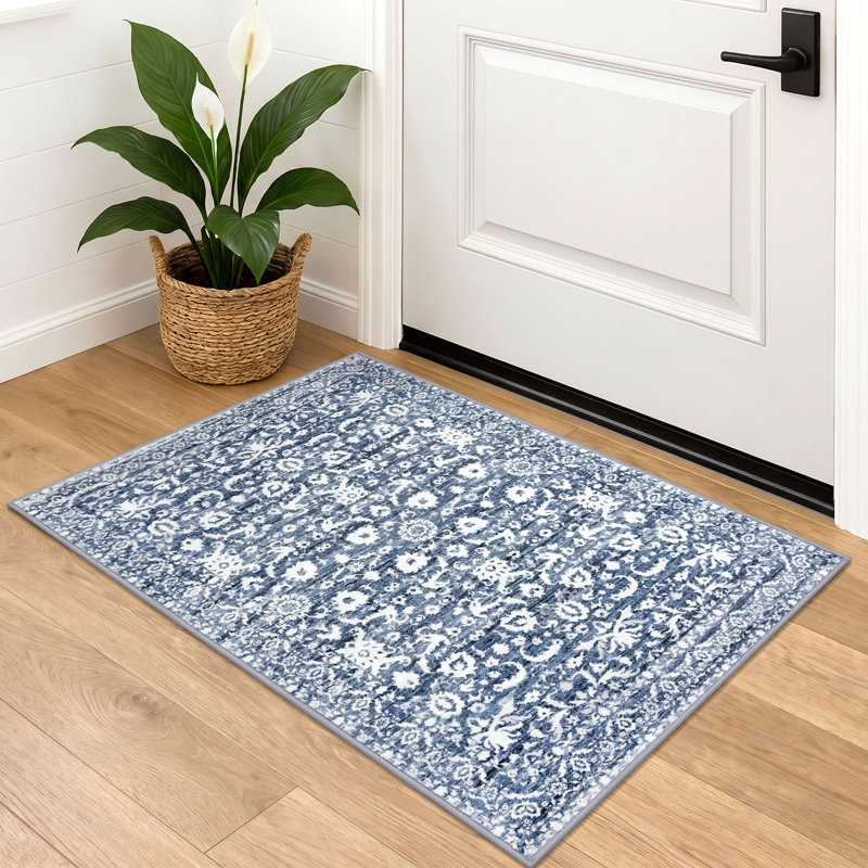 Vintage Floral Printed Washable Area Rug Non-Slip Blue Rugs for Living Room Bedroom Dining Room, Rectangle 2' x 3'