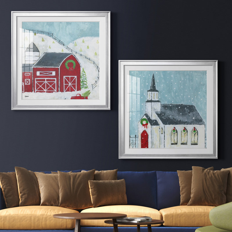 Christmas Barn - ensemble d'impressions 2 pièces, H 26,5 po x l 53 po x P 1,5 po, Papier avec cadre argenté, Blanc