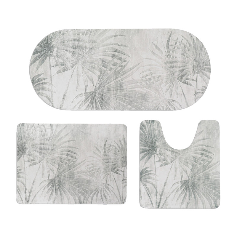 Ensemble de tapis de bain décoratif 3 pièces - Comprend standard, tapis de couloir et contour, Palmier gris clair