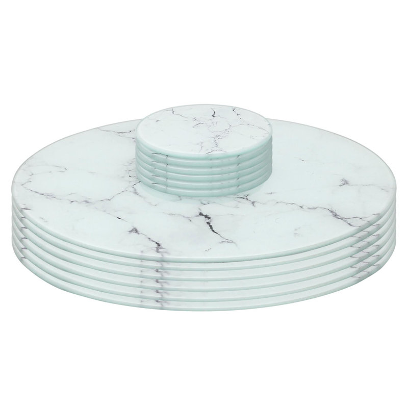 Harbour Housewares - 12pc Round Glass Placemats & Round Coasters Set - 30cm - White Marble Effect