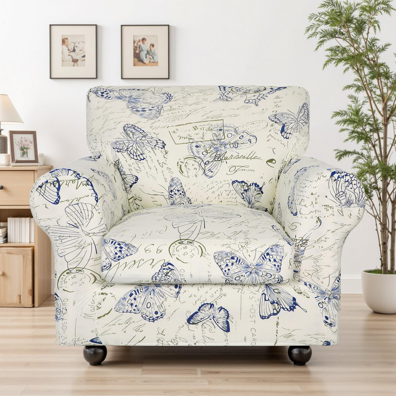 Stretch Sofa Cover Printed Couch Covers, Floral Pattern 2 Piece Armchair Slipcover With Separate Chair Cushion Cover, Washable Furniture Protector For Living Room(Chair, Butterfly Pattern)