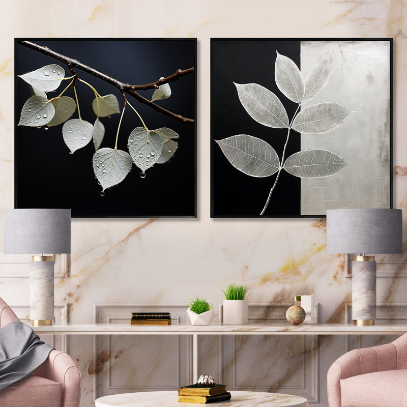 Laisser la silhouette en argent - ensemble de 2 feuilles carrées, Cadre flottant noir, H 16 po x l 33 po