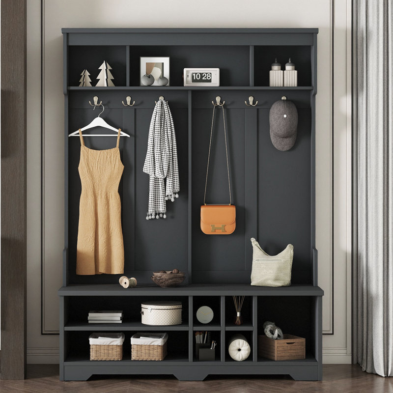 Arbre d'entrée moderne noir avec banc, 6 crochets et rangement pour chaussures, organisateur pour manteaux et chaussures
