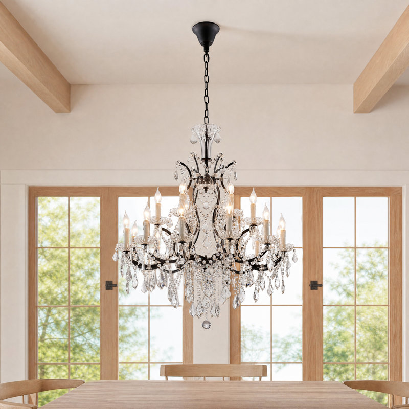 Lustre en cristal de style empire candélabre 18 lumières 32 po, H 86,2 po x l 32 po x P 32 po, Noir mat, 2 niveaux