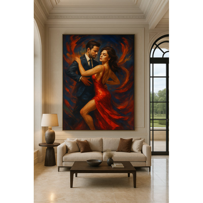 Inferno in Motion - Red Elegance Dance Portrait (Ltd. Edition) Framed Canvas Wall Art by Kasian Art Studio - Brown Frame