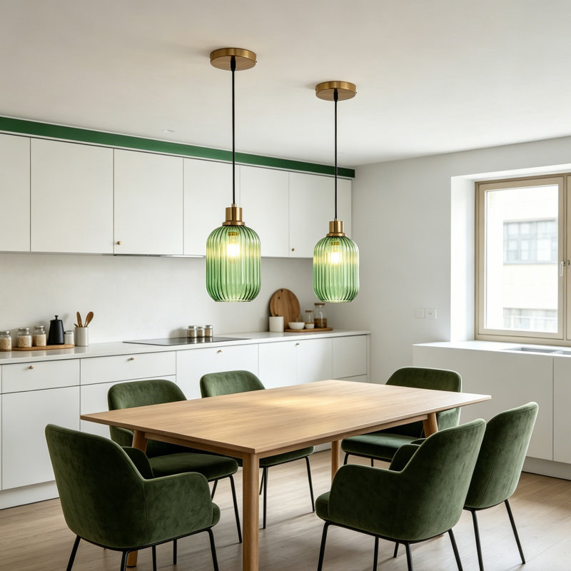 Luminaire suspendu moderne avec verre vert soufflé à la main pour îlot de cuisine, finition laiton brossé, Paquet de 2