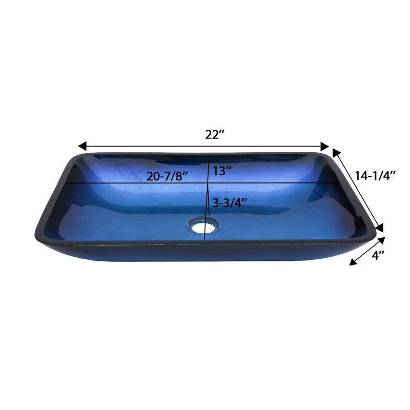 22" x 14.2" Glass Rectangular Vessel Bathroom Sink with Pop-Up Drain, Turquoise