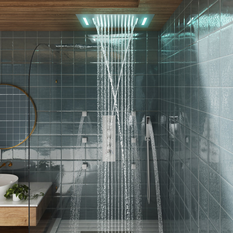 Brushed Gold Large Dual Rectangle Ceiling Mounted Shower System with LED and Bluetooth