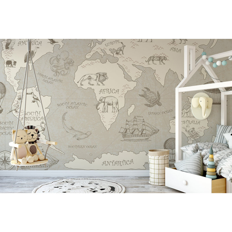 Papier peint amovible doux mappemonde avec des animaux, L 114 po x l 204 po