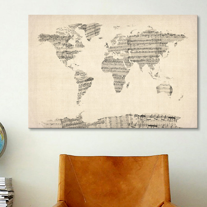 « old sheet music world map » par michael thompsett, impression sur toile, H 40 po x l 60 po x P 1,5 po