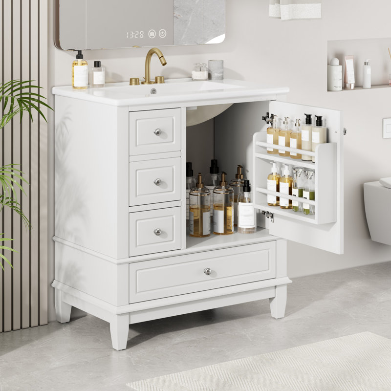 Meuble-lavabo avec lavabo, tablette et tiroirs, Argent argent, Blanc
