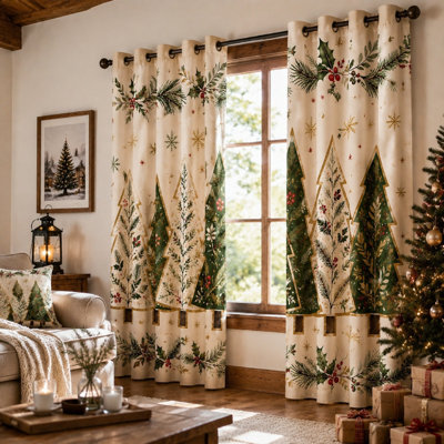 2Pcs Christmas tree print Sun Blocking curtains, festive snowflake and holly pattern, rustic farmhouse style, home decor for living room for Home Dector