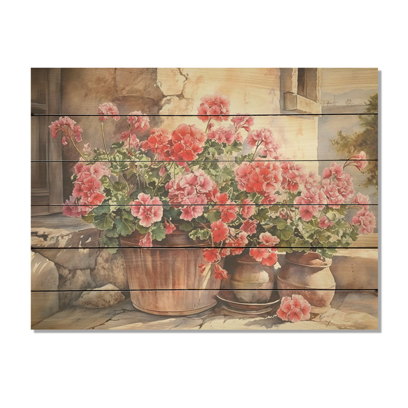 «Poteries Geraniums Sunset» - art mural en bois de géraniums sur bois de pin naturel, H 30 po x l 40 po