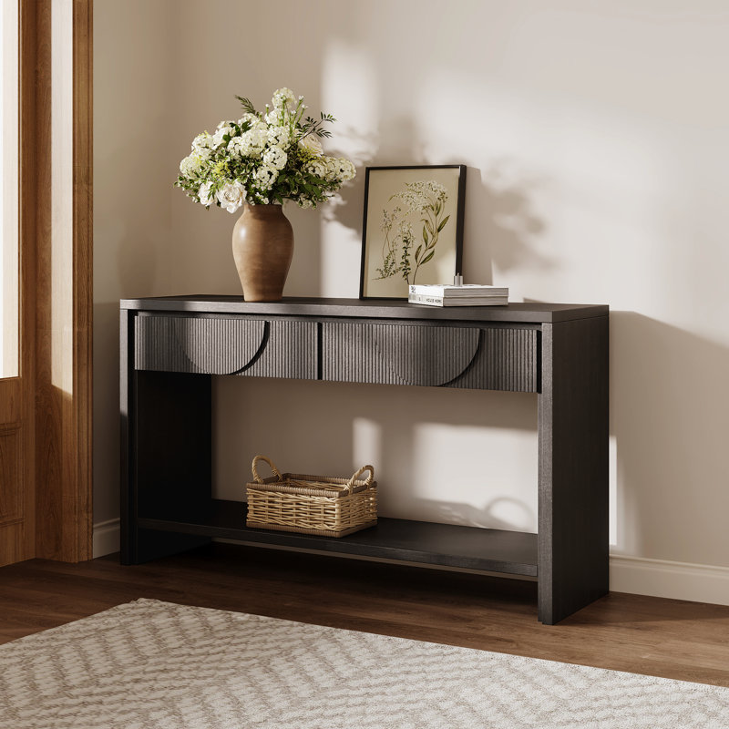 Table Artesha en bois vieilli noir de 54,23 po avec deux tiroirs et une tablette ouverte, style, esthétique rétro, détails, fabrication sécuritaire, rangement intelligent, installation facile dans la salle de lavage