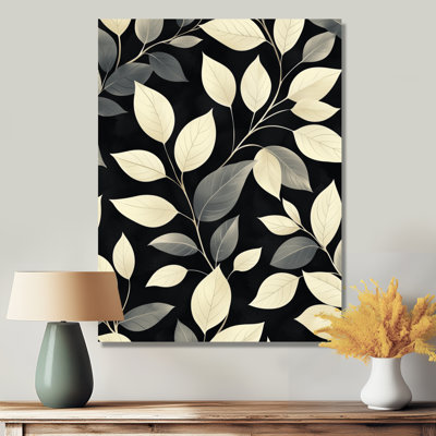 Black Beige Leaves Gentle Breeze II - Leaves Metal Wall Art, Traditional Metal Art Print