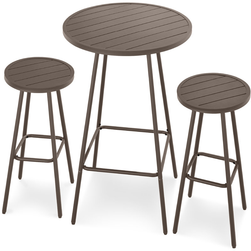 3-Piece Steel Patio Bar Height Round Bistro Set W/ Backless Stools, Slatted Design, Brown