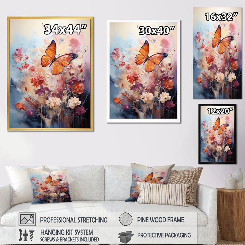 «Butterfly Whimsical Flight Bouquet», reproduction d'art mural papillon, H 40 po x l 30 po x P 1,5 po, Cadre simple noir