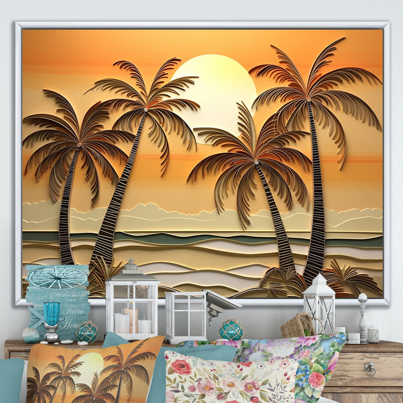 Golden Sunrise Palm Trees II, H 16 po x l 32 po x P 1 po, Cadre flottant blanc
