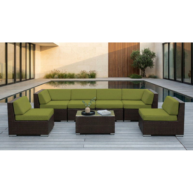 Ensemble de conversation en osier pour 6 personnes avec coussins Barneveld - sans assemblage, Sunbrella Ara, Brun foncé