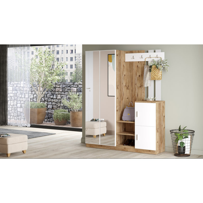 Hall Tree 57.95'' Wide with Shoe Storage, Brown/White