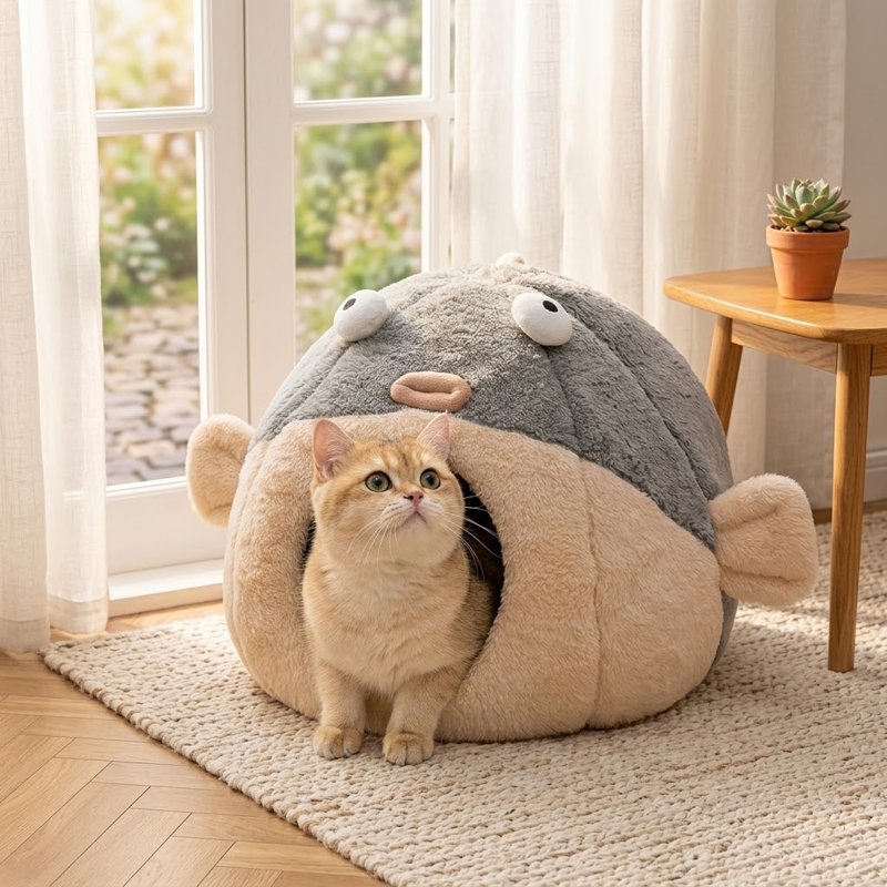 Lit pour chat avec coussin amovible lavable, coton doux de qualité supérieure, sans déformation, conception Pufferfish, gris, plusieurs tailles