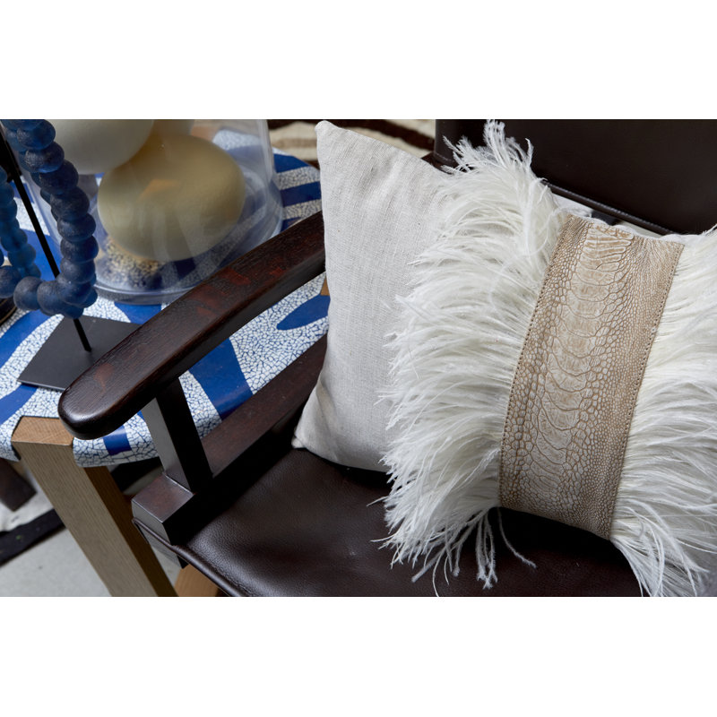 Linen Lumbar Pillow with Ostrich Feather Trim, Natural Linen/Olive Ostrich Feather