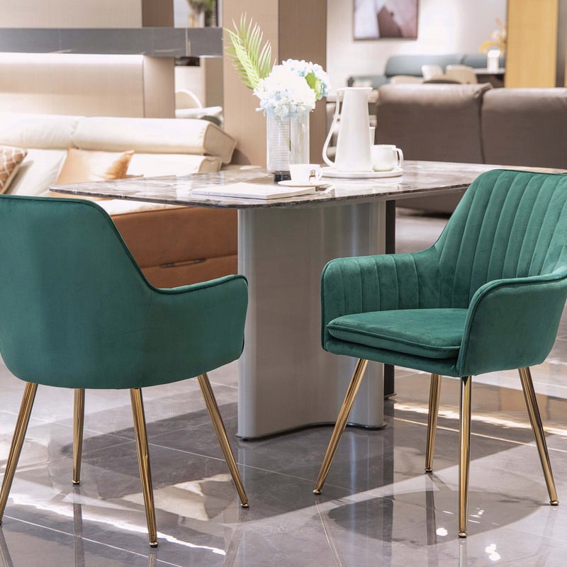 Chaise de salle à manger en velours à dossier moyen avec pieds plaqués or, ensemble de 2, Vert