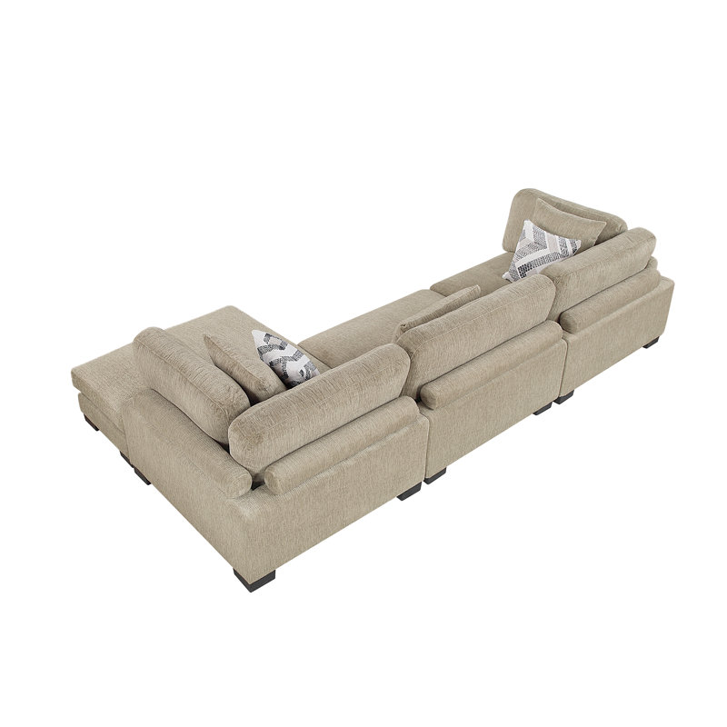 Canapé modulaire contemporain brun 3 pièces avec méridienne et coussins confortables, 34.5" H x 135" W x 70" D