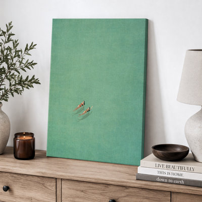 Turquoise Modern Aerial Swimmers Artwork, Minimalist Whimsical  Bathroom Decor, Coastal Beach House Pictures, Framed Canvas Giclee Print Wall Art