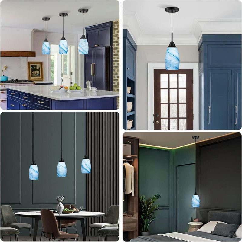 Ensemble de 3 mini-luminaires suspendus en verre noir et bleu