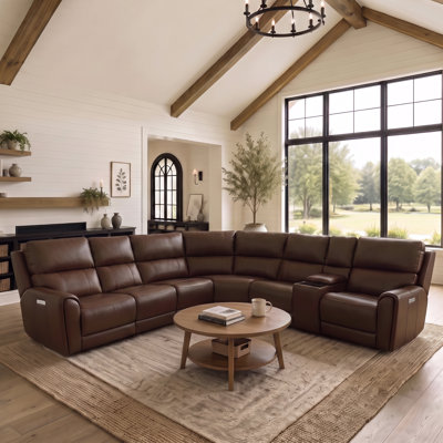 Canapé d'angle modulaire en cuir 6 places avec fonction électrique, fauteuil multifonctionnel sans accoudoirs et console.