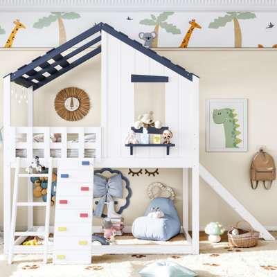 Twin Size Playhouse Loft Bed with Slide, Climbing Wall & Ladder, Wood House Bed Frame with Roof Window, Convertible Bunk Bed, White+Blue