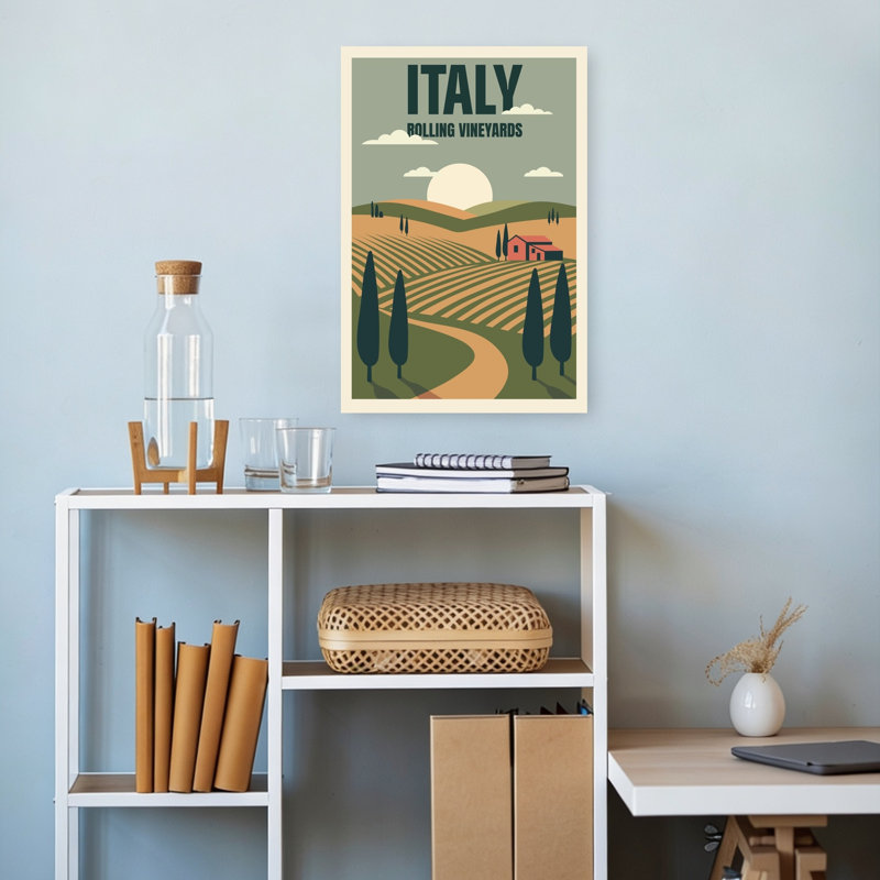«Italian Rolling Vineyard Serene Tranquil Vintage Cypress Landscape Nature», art mural, H 18 po x l 12 po