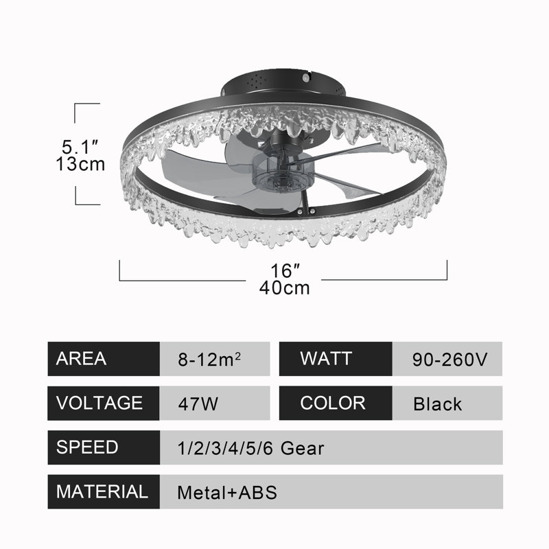 Ventilateur de plafond moderne en cristal noir avec lumière et télécommande, température de couleur réglable