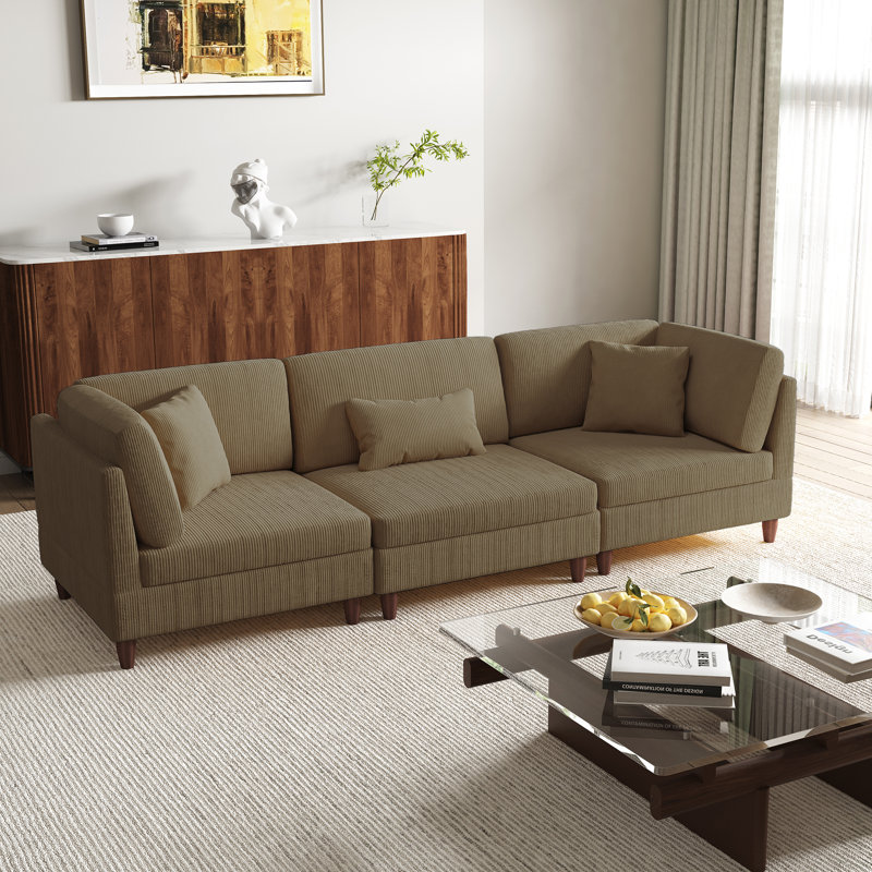 3 - Piece Upholstered Camel Corduroy Modular Sectional with Pillow Back and Solid Wood Legs, Camel