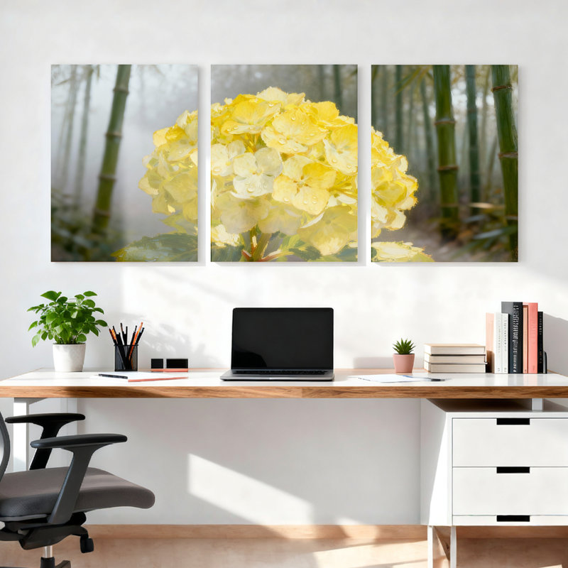 Reproduction de photo de nature (ensemble de 3), art de l'hortensia jaune et forêt de bambou, H 30 po x l 60 po