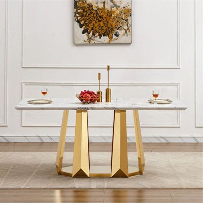 Marble Dining Table For 6 People, 70'' Rectangle Faux Marble Dining Table With Mirrored Finish Stainless Steel Base, Modern Large Size Marble Kitchen Table (Only Table)