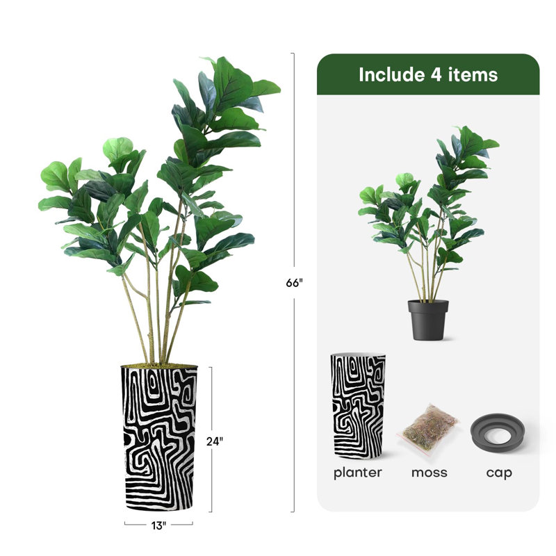 Arbre artificiel en pot moderne Ficus Lyrata, Tourbillon noir
