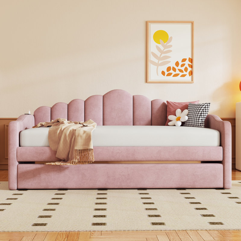 Twin Size Upholstered Motohiko With Trundle ,Velvet Sofabed With USB Charging Ports, Pink
