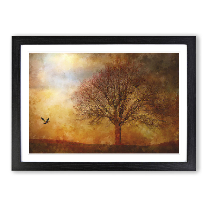 Bird and Tree at Sunset - Picture Frame Painting, 27cm H x 36cm W x 2cm D, Black Framed
