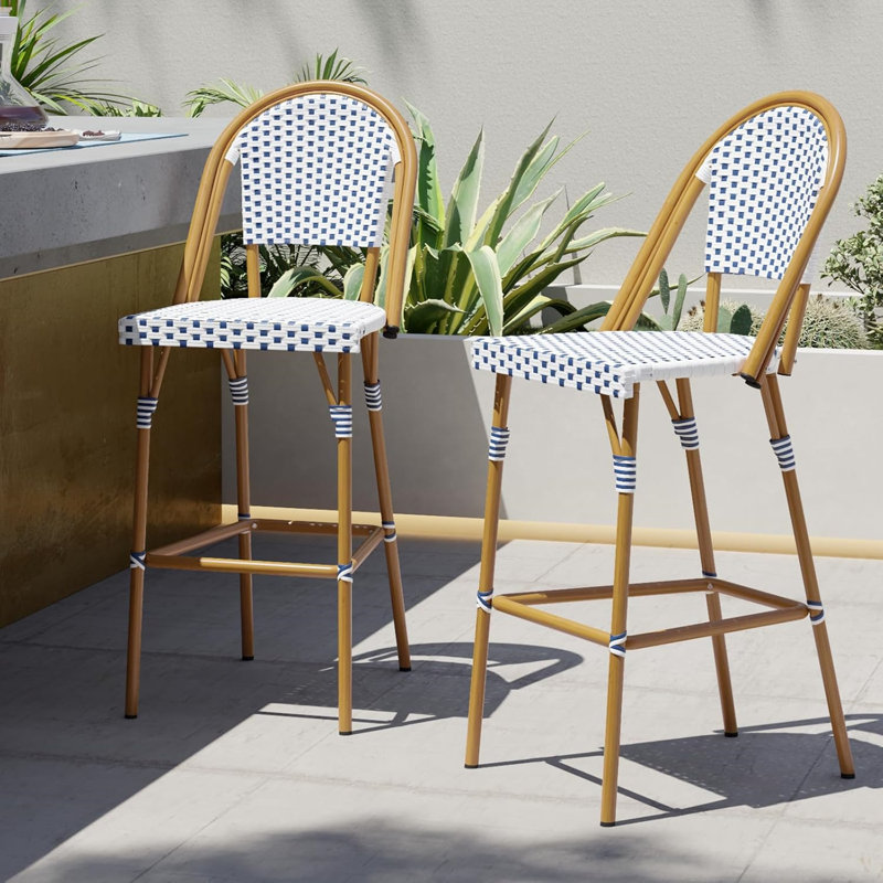 Ensemble de 2 tabourets de bar français avec repose-pieds, brun, bleu et blanc