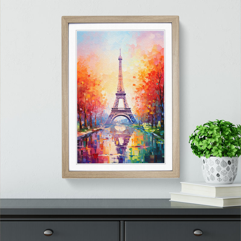 Eiffel Tower Impressionism - Single Picture Frame Print on Wood, Oak Framed, 34cm H x 25cm W
