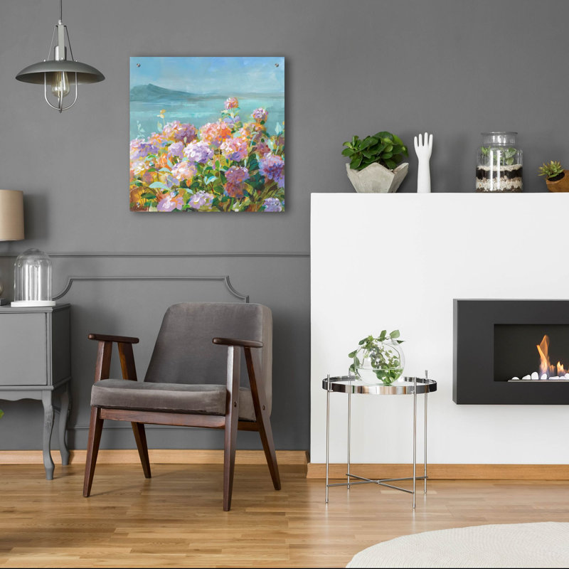 «Beach Hydrangeas» par Danhui Nai, art mural en verre acrylique, H 24 po x l 24 po x P 0,2 po